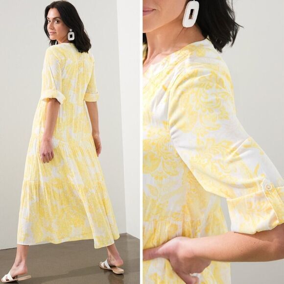 New! Chico's Tiered Paisley Maxi Dress yellow, Chico size 0, US size S/4 - Picture 2 of 16